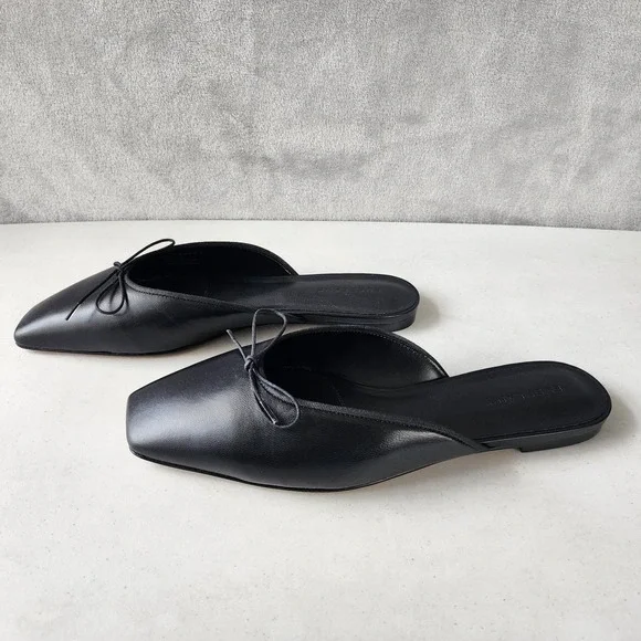 Everlane Ballet Mule Flats Womens Size 9 Leather Black Square Toe Shoes Bow NIB - Picture 2 of 13